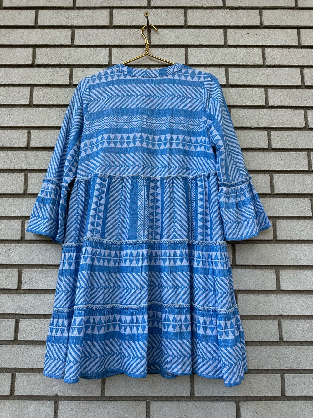 Mud Pie Blue White Geometric Tiered Cotton Dress Boho Beachy Swing S - Picture 12 of 12